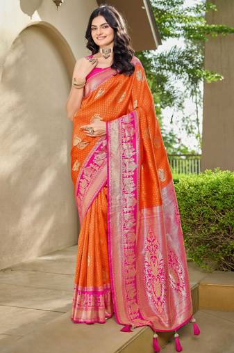 Women's ethnic banarasi silk blend saree | orange color with pink border for festive & bridal functions