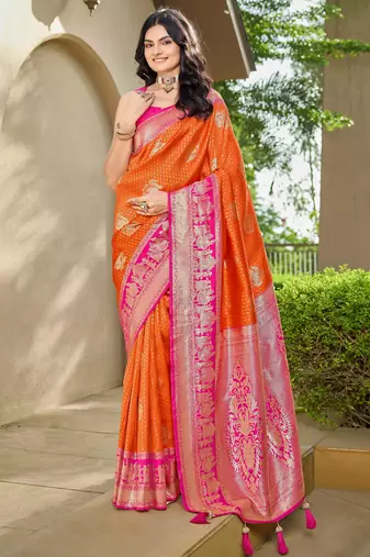 Women's ethnic banarasi silk blend saree | orange color with pink border for festive & bridal functions
