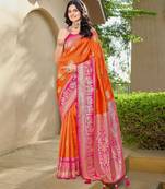 Women's ethnic banarasi silk blend saree | orange color with pink border for festive & bridal functions