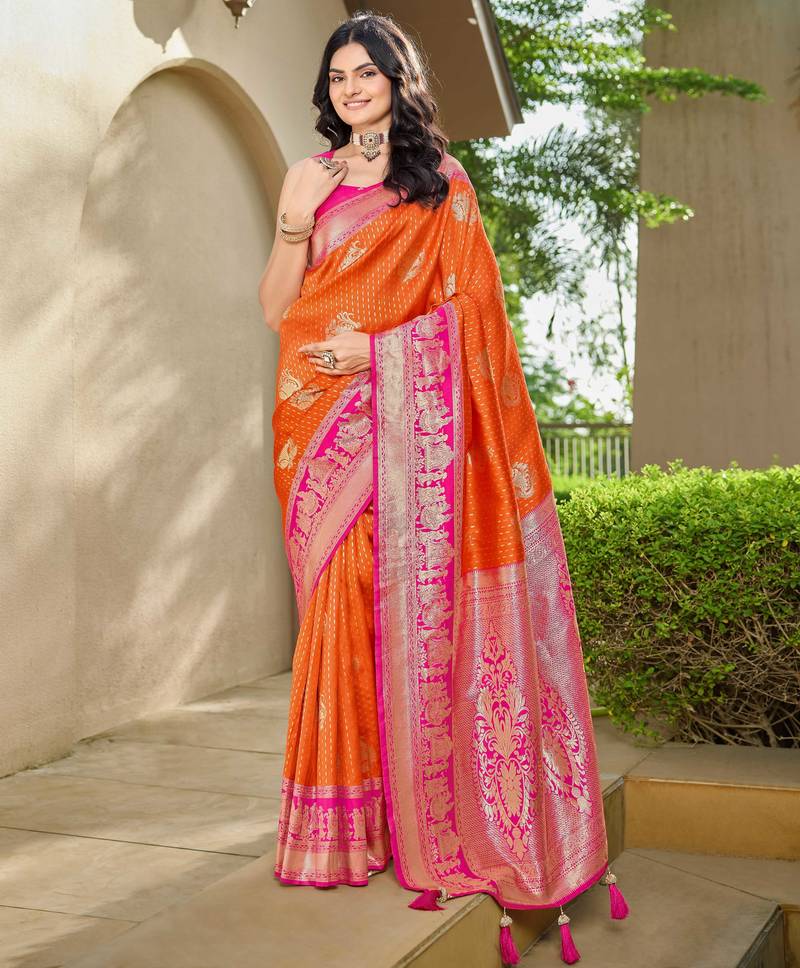 Women's ethnic banarasi silk blend saree | orange color with pink border for festive & bridal functions