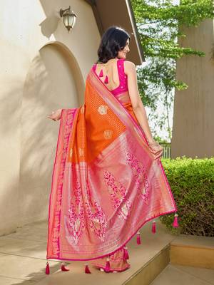 Women's ethnic banarasi silk blend saree | orange color with pink border for festive & bridal functions 2