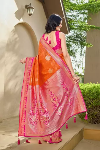 Women's ethnic banarasi silk blend saree | orange color with pink border for festive & bridal functions