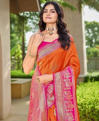 Women's ethnic banarasi silk blend saree | orange color with pink border for festive & bridal functions 3
