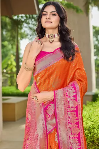 Women's ethnic banarasi silk blend saree | orange color with pink border for festive & bridal functions