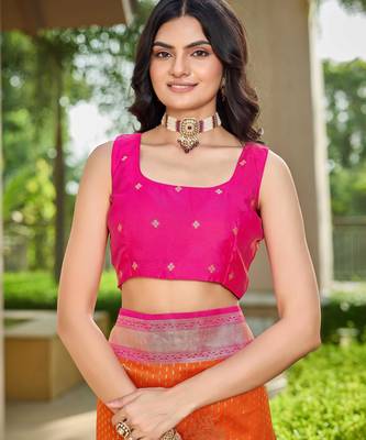 Women's ethnic banarasi silk blend saree | orange color with pink border for festive & bridal functions 4