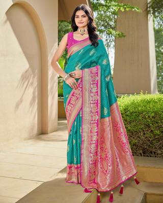 Women's ethnic banarasi silk blend saree | rama green color with pink border for festive & bridal functions 1