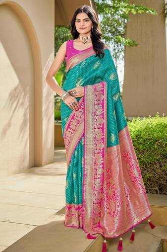 Women's ethnic banarasi silk blend saree | rama green color with pink border for festive & bridal functions