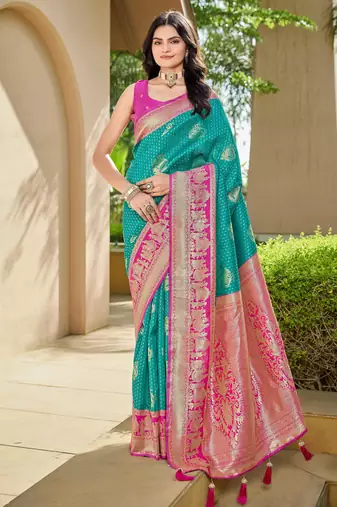 Women's ethnic banarasi silk blend saree | rama green color with pink border for festive & bridal functions