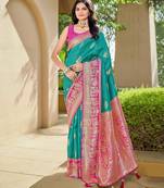 Women's ethnic banarasi silk blend saree | rama green color with pink border for festive & bridal functions