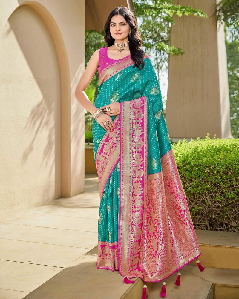 Women's ethnic banarasi silk blend saree | rama green color with pink border for festive & bridal functions