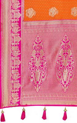 Women's ethnic banarasi silk blend saree | orange color with pink border for festive & bridal functions 5