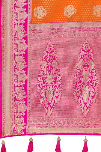 Women's ethnic banarasi silk blend saree | orange color with pink border for festive & bridal functions
