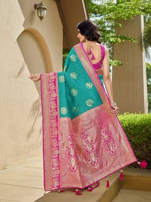 Women's ethnic banarasi silk blend saree | rama green color with pink border for festive & bridal functions 2