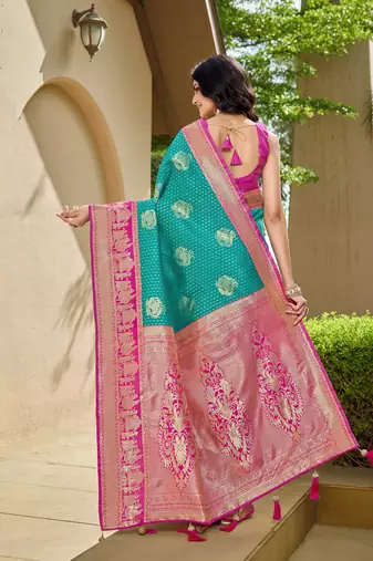 Women's ethnic banarasi silk blend saree | rama green color with pink border for festive & bridal functions