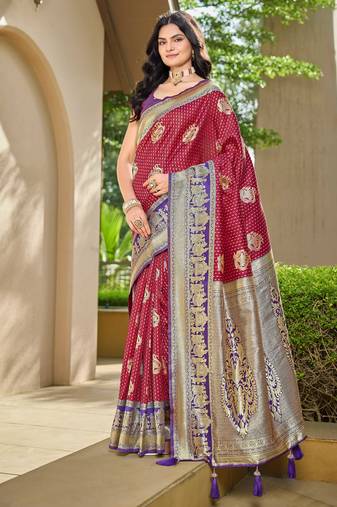 Women's ethnic banarasi silk blend saree | maroon color with purple border for festive & bridal functions