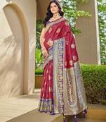 Women's ethnic banarasi silk blend saree | maroon color with purple border for festive & bridal functions