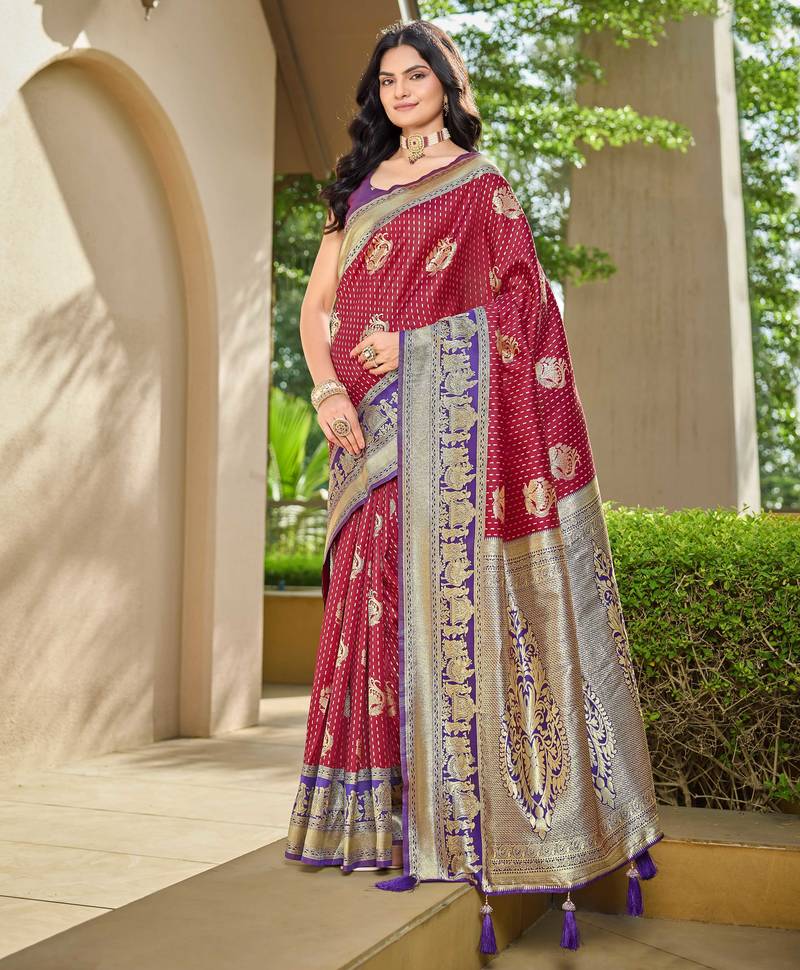 Women's ethnic banarasi silk blend saree | maroon color with purple border for festive & bridal functions