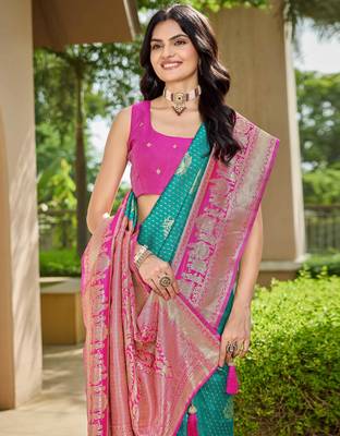 Women's ethnic banarasi silk blend saree | rama green color with pink border for festive & bridal functions 3