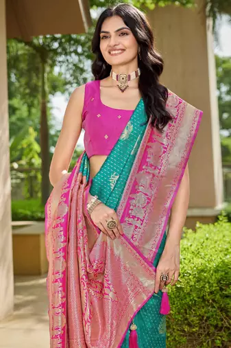 Women's ethnic banarasi silk blend saree | rama green color with pink border for festive & bridal functions
