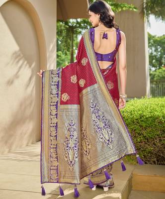 Women's ethnic banarasi silk blend saree | maroon color with purple border for festive & bridal functions 2