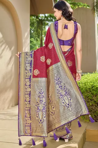Women's ethnic banarasi silk blend saree | maroon color with purple border for festive & bridal functions