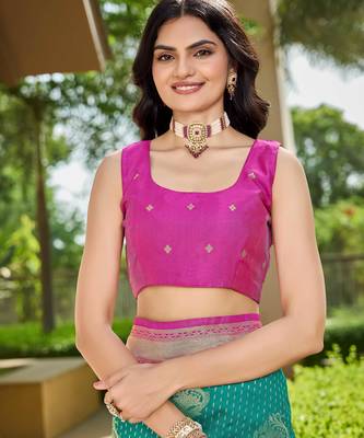Women's ethnic banarasi silk blend saree | rama green color with pink border for festive & bridal functions 4