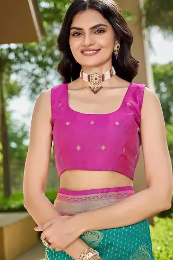 Women's ethnic banarasi silk blend saree | rama green color with pink border for festive & bridal functions