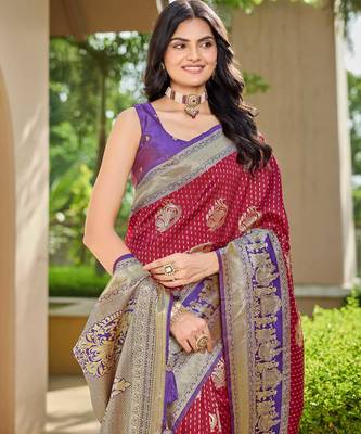 Women's ethnic banarasi silk blend saree | maroon color with purple border for festive & bridal functions 3