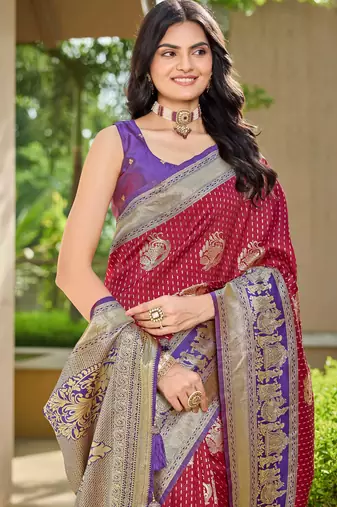 Women's ethnic banarasi silk blend saree | maroon color with purple border for festive & bridal functions