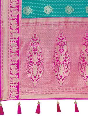 Women's ethnic banarasi silk blend saree | rama green color with pink border for festive & bridal functions 5