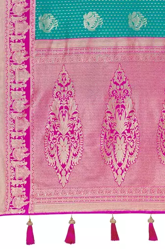 Women's ethnic banarasi silk blend saree | rama green color with pink border for festive & bridal functions