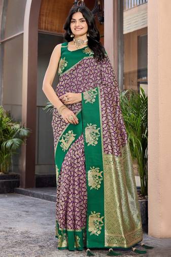 Designer banarasi purple silk saree elegant gold zari work with contrast green border wedding reception party wear saree