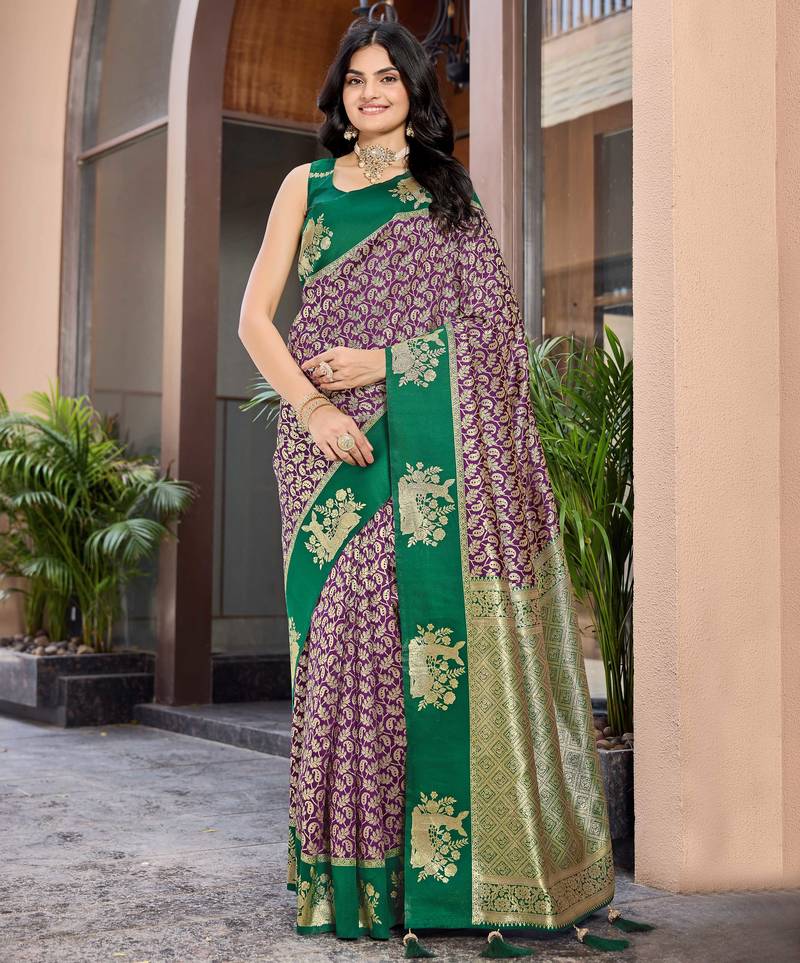 Designer banarasi purple silk saree elegant gold zari work with contrast green border wedding reception party wear saree