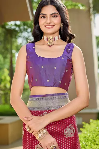 Women's ethnic banarasi silk blend saree | maroon color with purple border for festive & bridal functions
