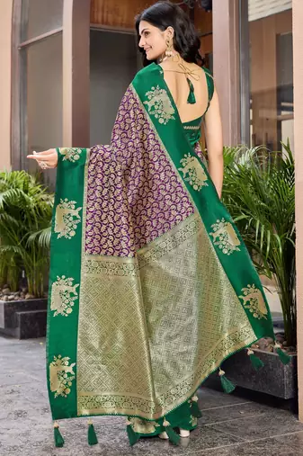 Designer banarasi purple silk saree elegant gold zari work with contrast green border wedding reception party wear saree