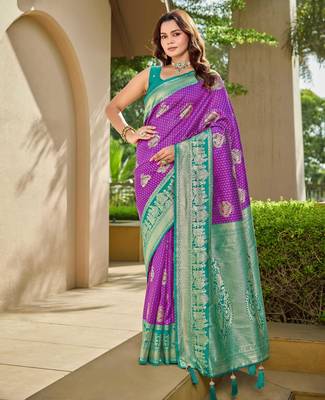 Women's ethnic banarasi silk blend saree | purple color with turquoise border for festive & bridal functions 1