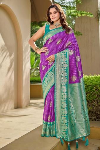 Women's ethnic banarasi silk blend saree | purple color with turquoise border for festive & bridal functions