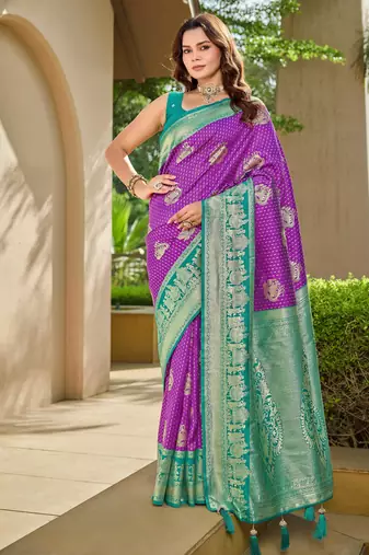 Women's ethnic banarasi silk blend saree | purple color with turquoise border for festive & bridal functions