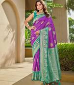 Women's ethnic banarasi silk blend saree | purple color with turquoise border for festive & bridal functions