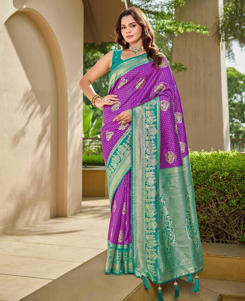 Women's ethnic banarasi silk blend saree | purple color with turquoise border for festive & bridal functions