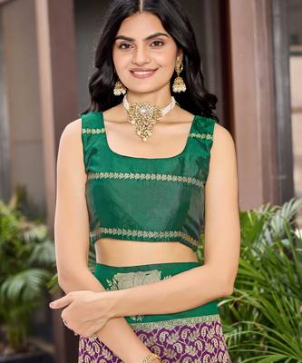 Designer banarasi purple silk saree elegant gold zari work with contrast green border wedding reception party wear saree 4
