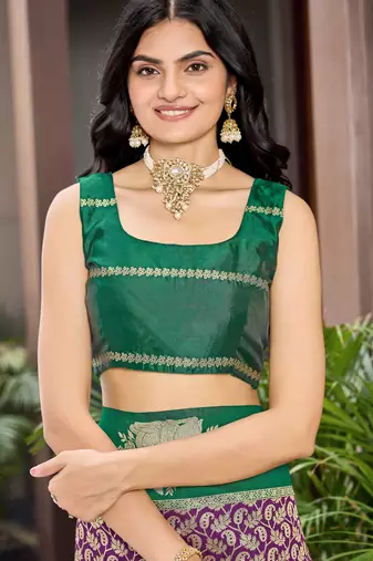 Designer banarasi purple silk saree elegant gold zari work with contrast green border wedding reception party wear saree