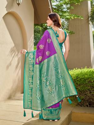 Women's ethnic banarasi silk blend saree | purple color with turquoise border for festive & bridal functions 2