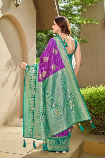 Women's ethnic banarasi silk blend saree | purple color with turquoise border for festive & bridal functions