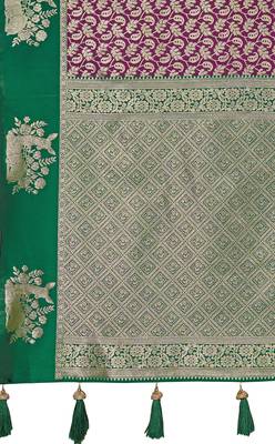 Designer banarasi purple silk saree elegant gold zari work with contrast green border wedding reception party wear saree 5