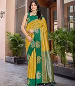 Designer banarasi mustard silk saree elegant gold zari work with contrast green border wedding party wear saree