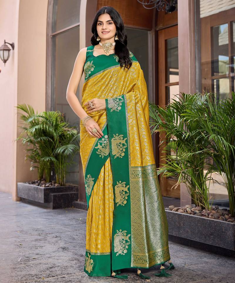 Designer banarasi mustard silk saree elegant gold zari work with contrast green border wedding party wear saree