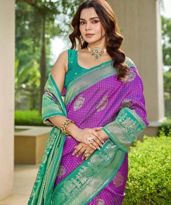 Women's ethnic banarasi silk blend saree | purple color with turquoise border for festive & bridal functions 3