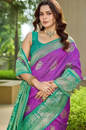 Women's ethnic banarasi silk blend saree | purple color with turquoise border for festive & bridal functions