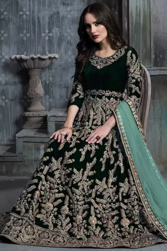 Emerald Green Velvet Cording Work Semi-Stitched Anarkali Gown